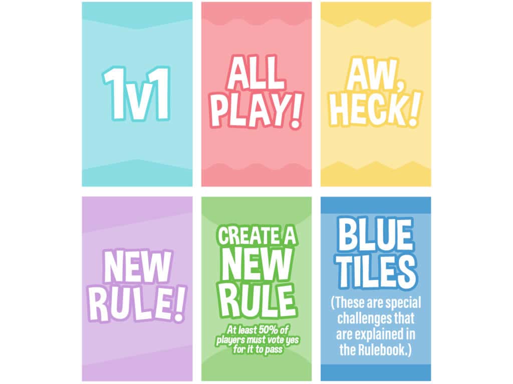 a selection of six different prompt cards in six different colours from Bored Game - The Board Game