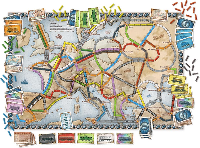 the board and components of Ticket to Ride: Europe (image courtesy of Days of Wonder)
