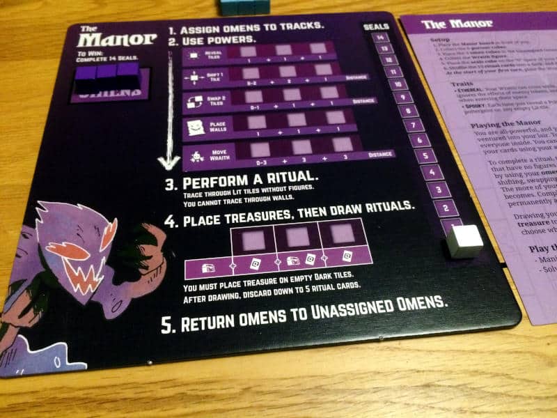 the player board for The Manor and the setup steps and other helpful info to one side