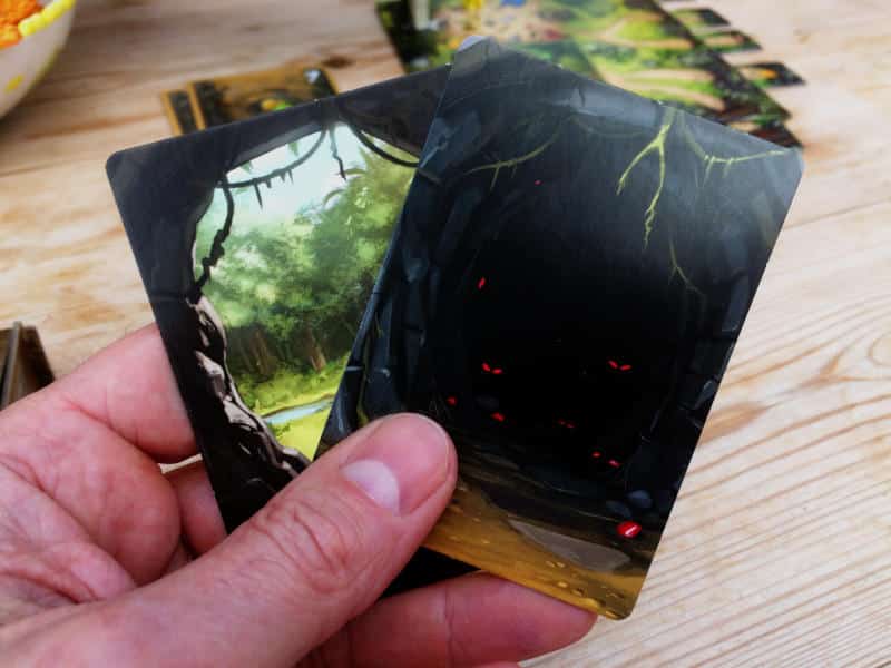 two cards used in Diamant to choose whether you continue or leave, one showing the cave entrance, the other red eyes glowing from the depths of the case