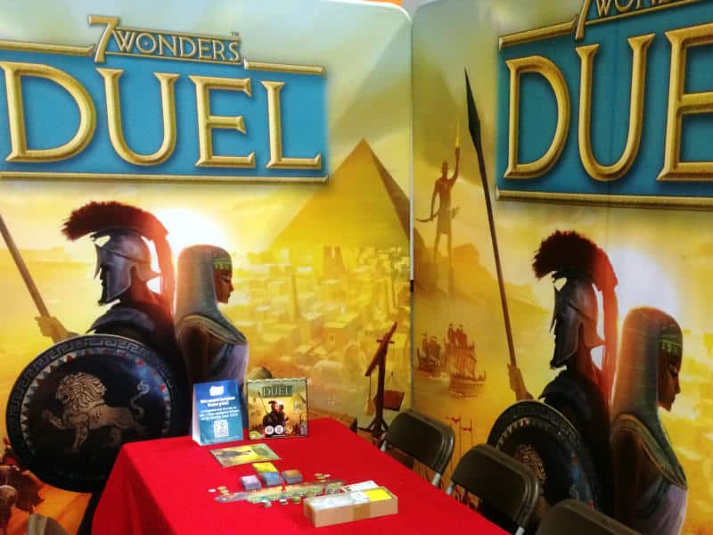 the 7 Wonders Duel demo table at UK Games Expo 2023