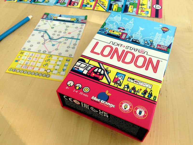 the Next Station: London box, one of the player sheets, a blue colour pencil and some of the cards