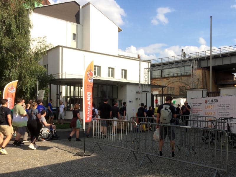 people queueing to enter Berlin Brettspiel Con 2023 (logo courtesy of Berlin Brettspiel Con)