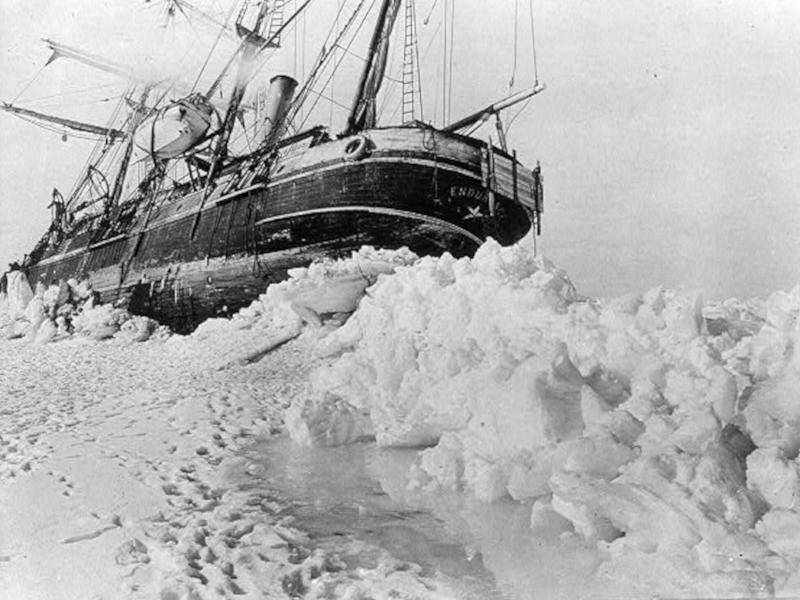 a black-and-white photo of the Endurance caught in the ice