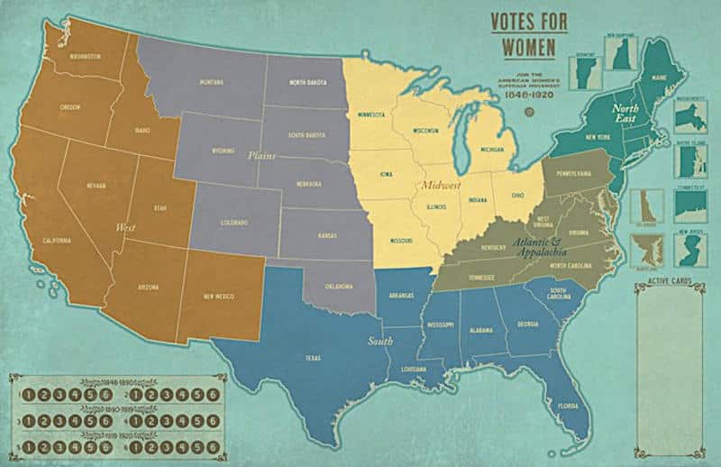 the US map from Votes for Women with regions colour coded