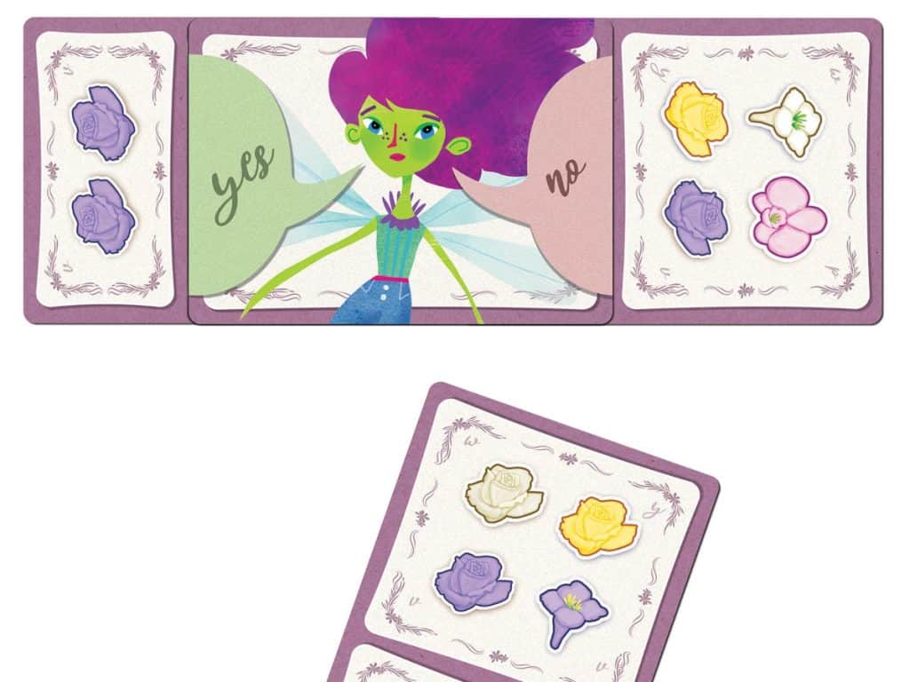 the pixie's "yes/no" card with one offering each side, plus a new offering of flowers played in front