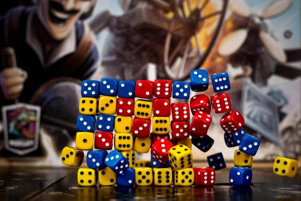 a close-up of the many colourful dice in Steampunk Ralley