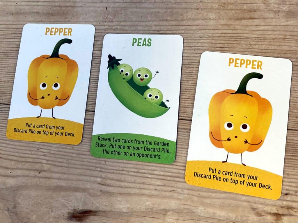 a pepper card, a peas card and another pepper card