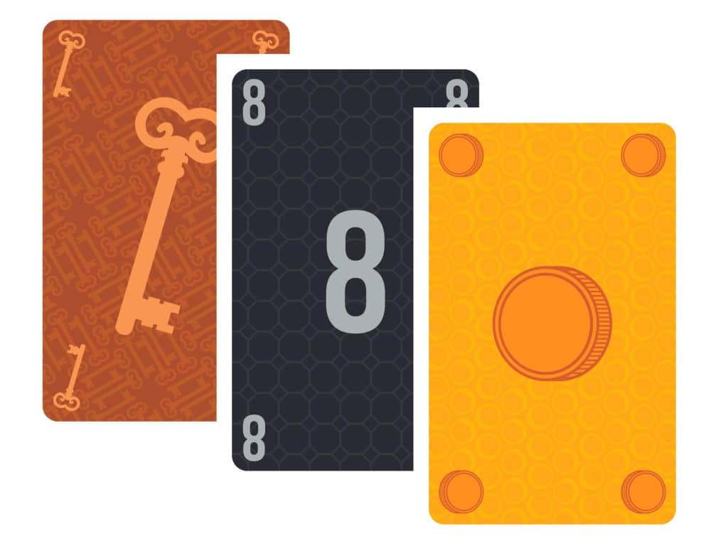 a key, an eight and a coin card