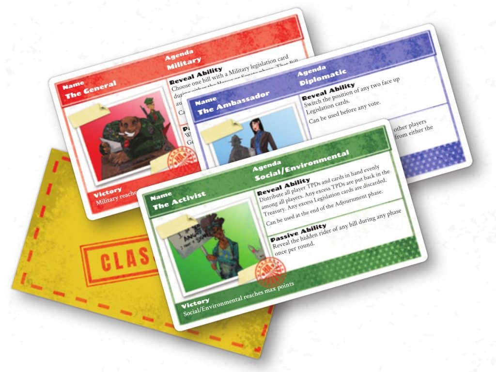 some of the role cards from Hidden Agendas