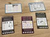 three realm cards, the resource card and the score card from Rolling Realms Redux