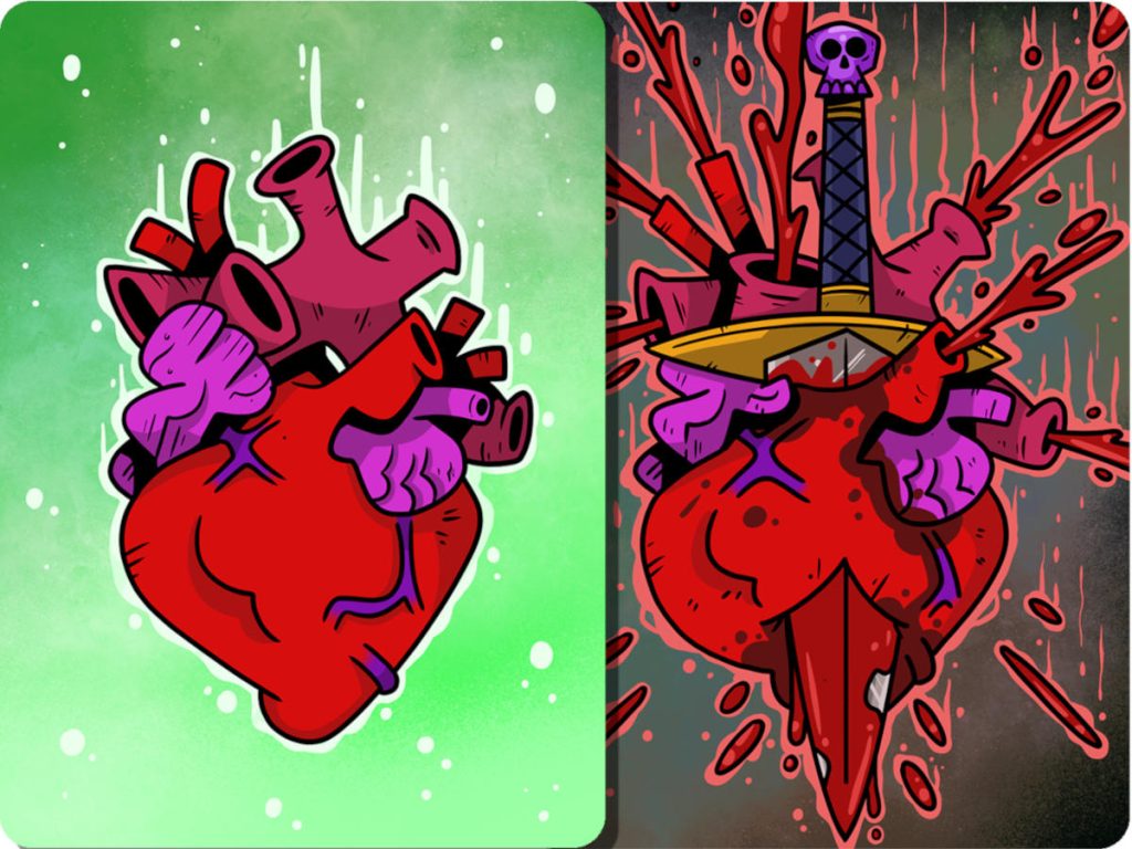 the front and back of a health card showing a heart on the front and a heart with a dagger through it on the back