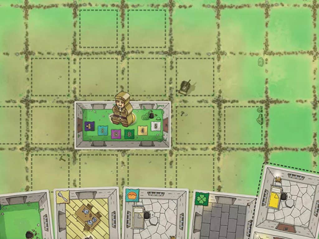 an image of the starting tile from Fled on a game mat and some of the tiles below