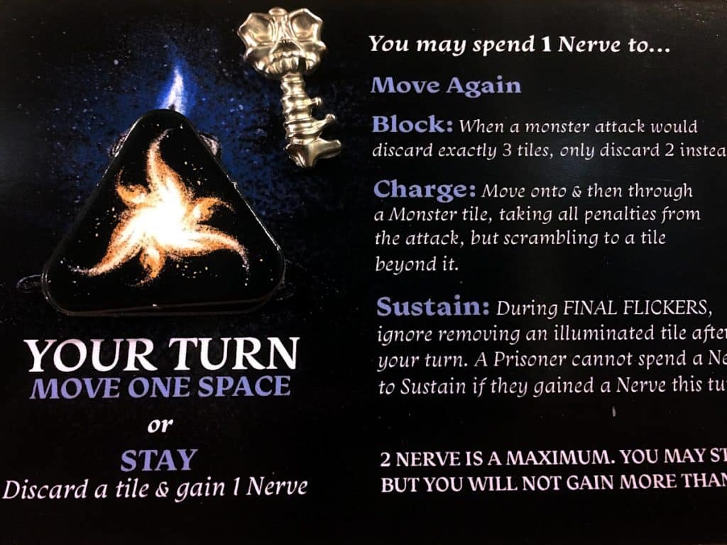 the player board from The Night Cage explaining what you can do on your turn